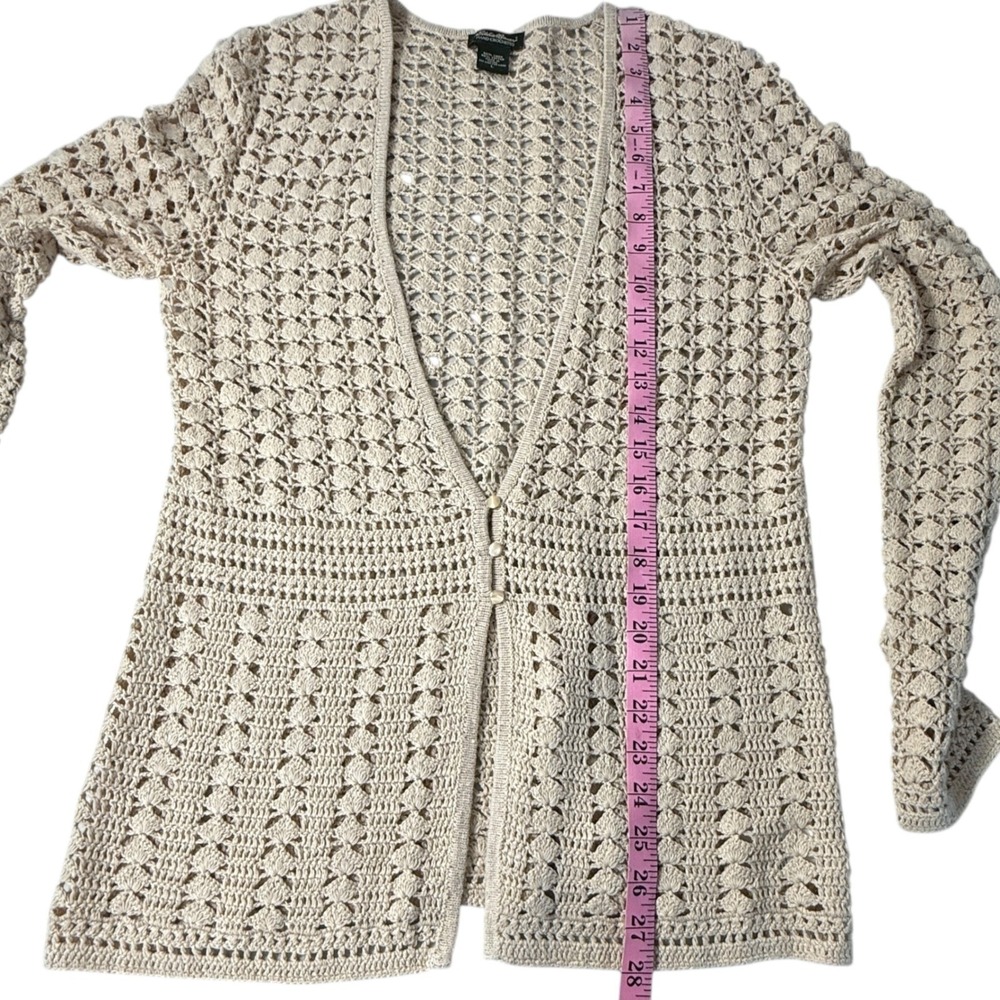 Eddie Bauer Women Beige Hand Crocheted Linen Cotton Cardigan Sweater Size L Boho - Picture 3 of 9
